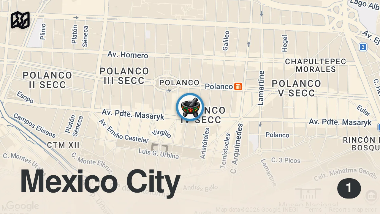 Map of 1 spot from World's MOST EXPENSIVE Taco Omakase in Mexico City | $230 Taco TASTING MENU at Pujol