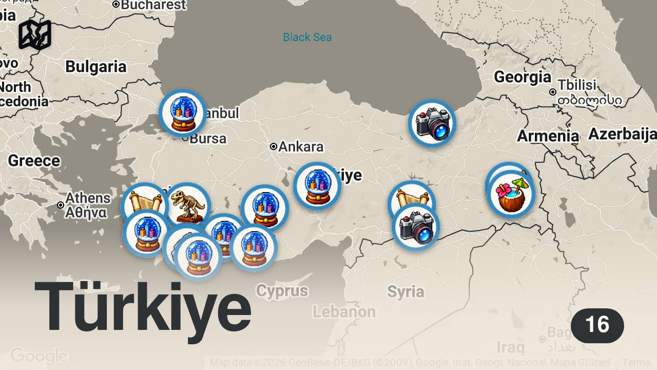 Map of 16 spots from Turkey Travel Guide: Best Places to Visit in TURKEY 2026 4K