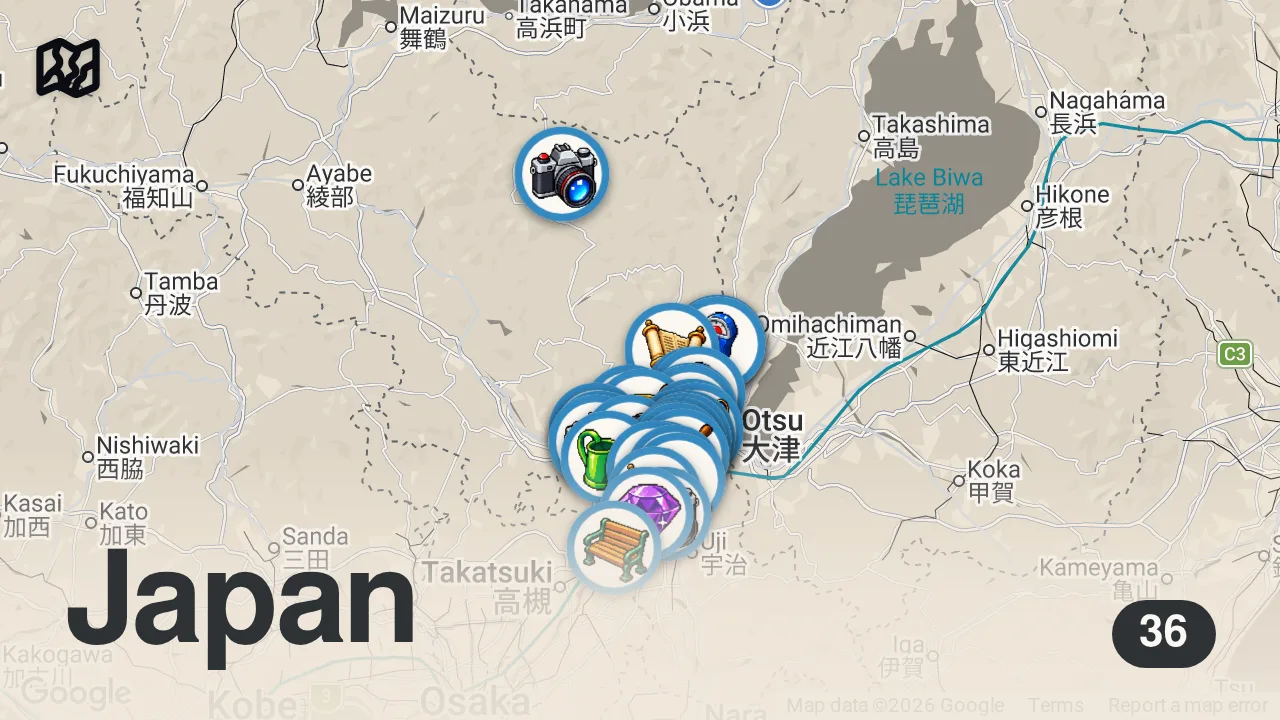 Map of 36 spots from 🇯🇵4K Top40 Kyoto Travel Guide 京都観光名所40選 Japanese garden 旅行 四季 スポット 桜 紅葉 新緑 青もみじの名所 額縁庭園 和風庭園 絶景 日本庭園