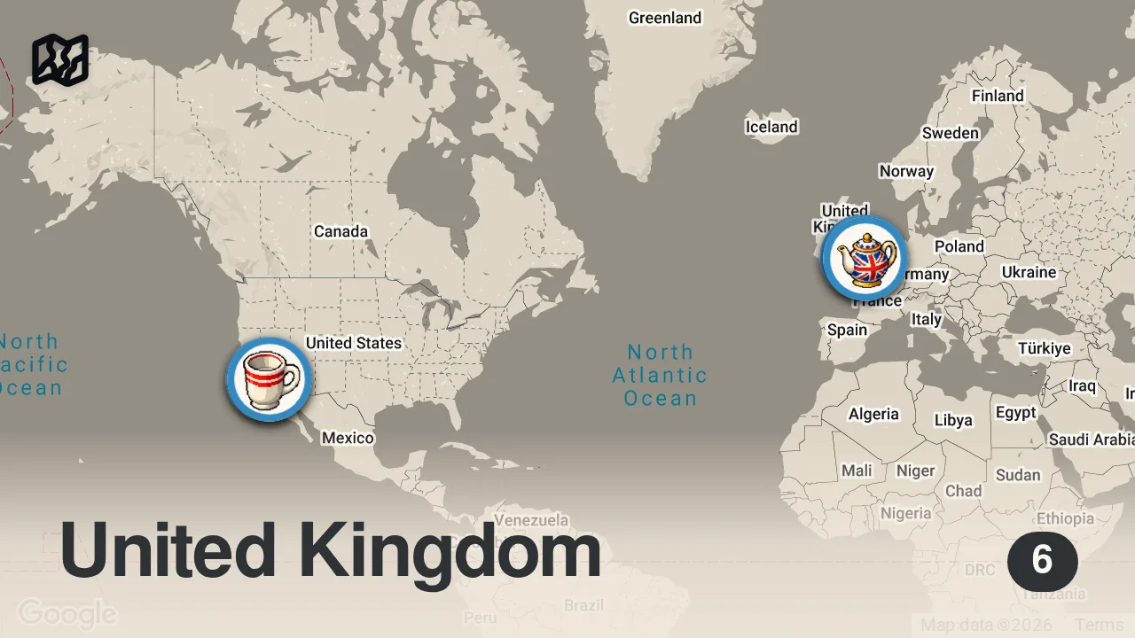 Map of 6 spots from US vs UK Breakfast