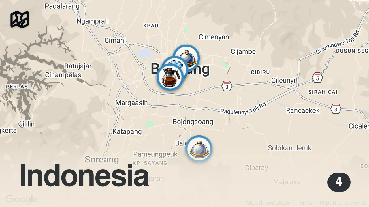 Map of 4 spots from BANDUNG FOOD HEAVEN - Mie Kocok + Sundanese food + Beef Curry - Indonesian street food in Bandung