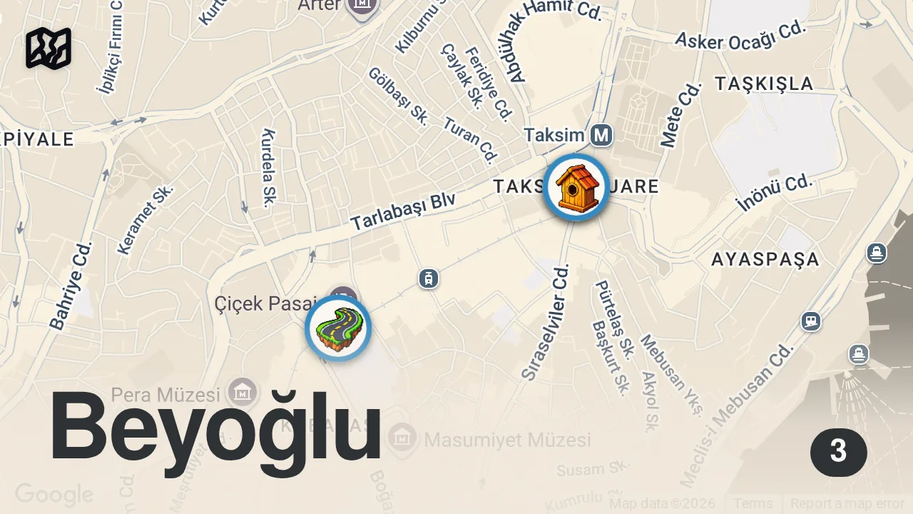 Map of 3 spots from الحقيقة كاملة 😳 أسعار الأكل في إسطنبول الآن | تقسيم وشارع الاستقلال🇹🇷