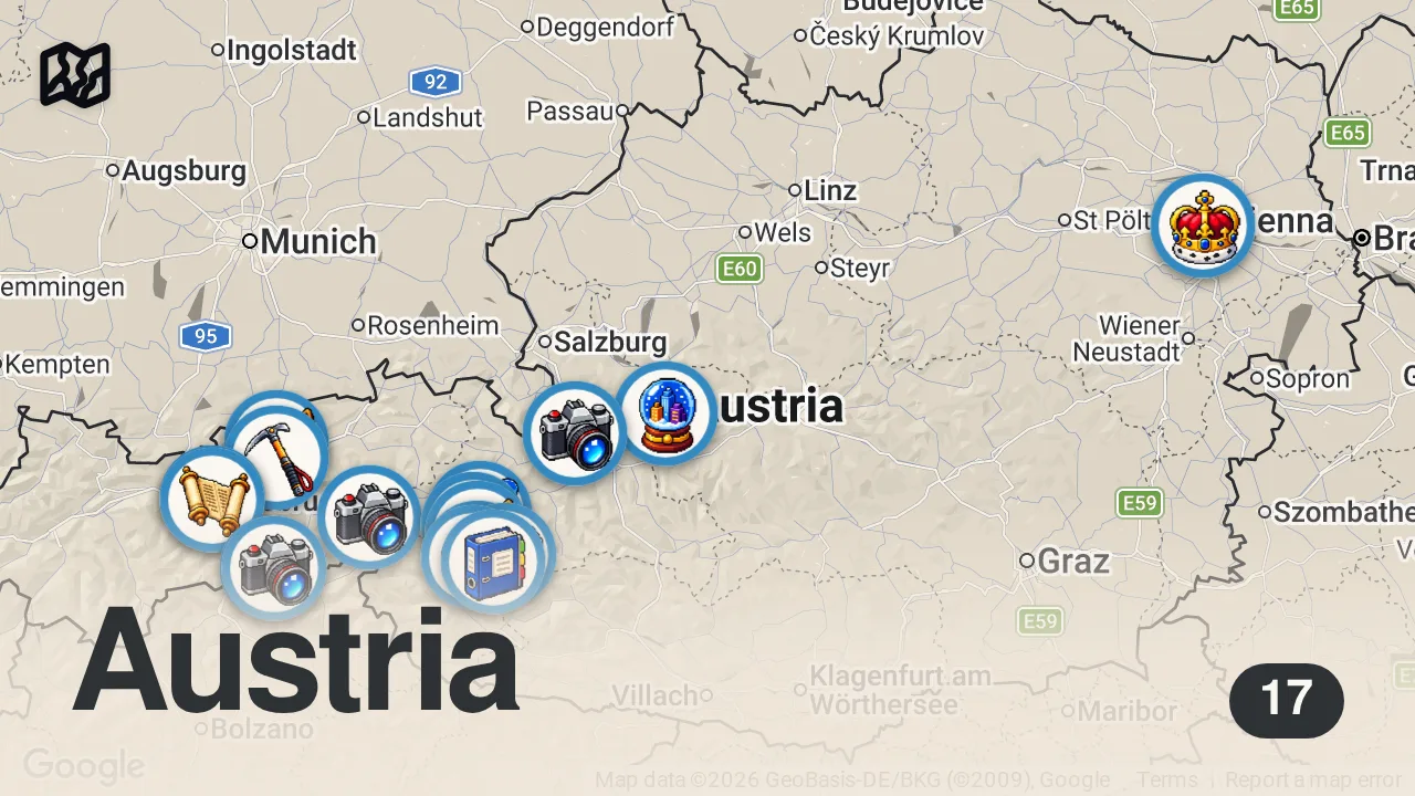 Map of 17 spots from Top 10 Sehenswürdigkeiten & Ausflugsziele in Österreich