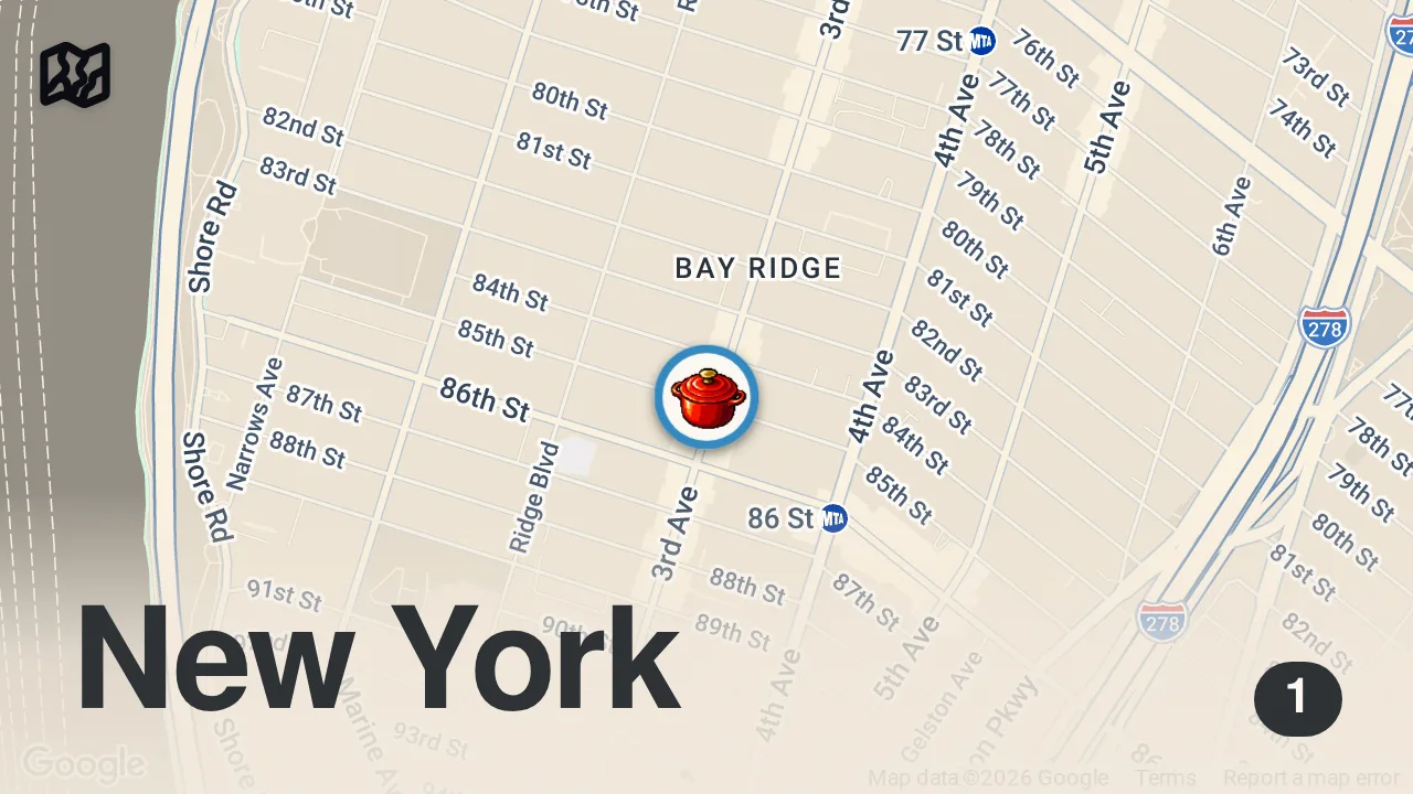 Map of 1 spot from The LASAGNA CALABRESE from Terina NYC in Bay Ridge, Brooklyn! 🍝🔥“Leftover Lasagna” #DEVOURPOWER