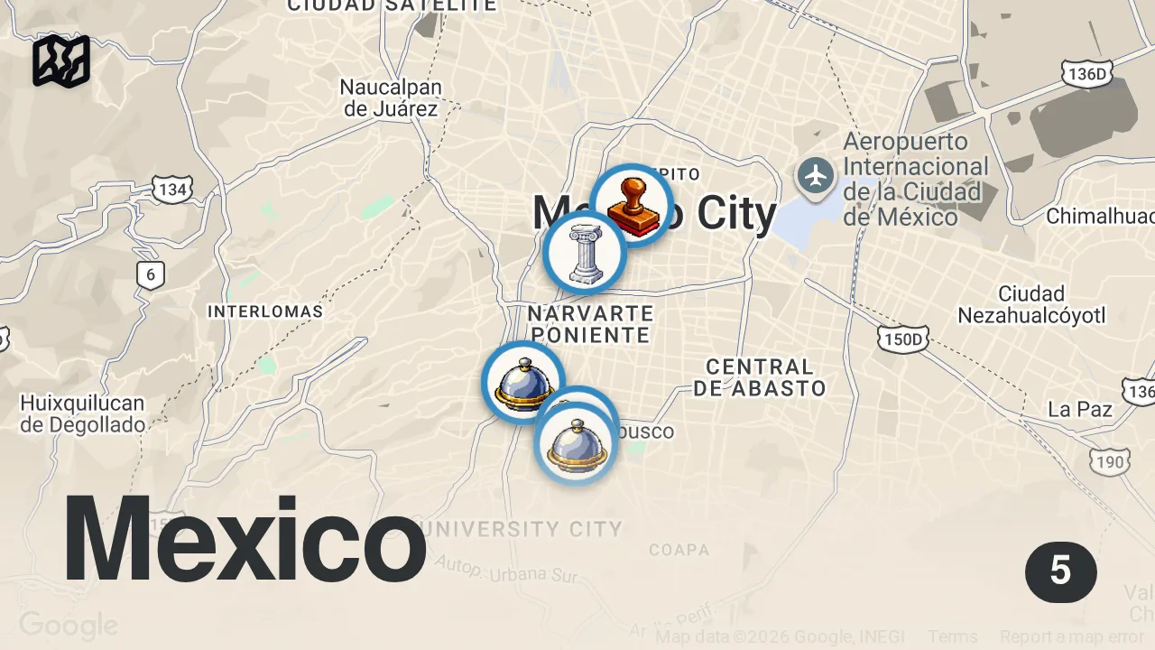 Map of 5 spots from Unbelievable Street Art of MEXICO CITY | CDMX Travel Vlog