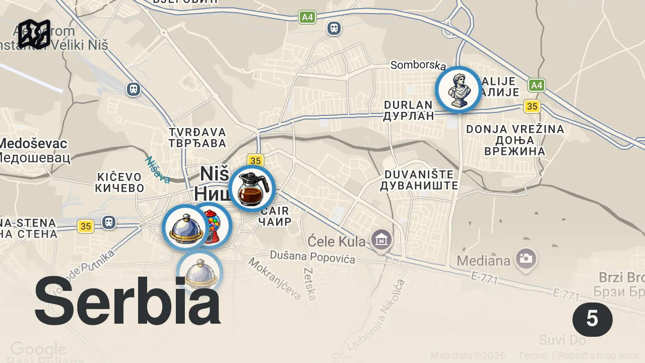 Map of 5 spots from 24H Of SERBIAN FOOD - INSANE Grill & Meat Food Tour Of Niš 🔥🇷🇸