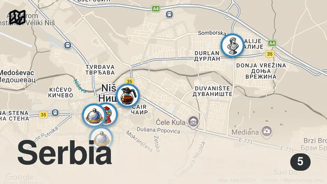 Map of 24H Of SERBIAN FOOD - INSANE Grill & Meat Food Tour Of Niš 🔥🇷🇸
