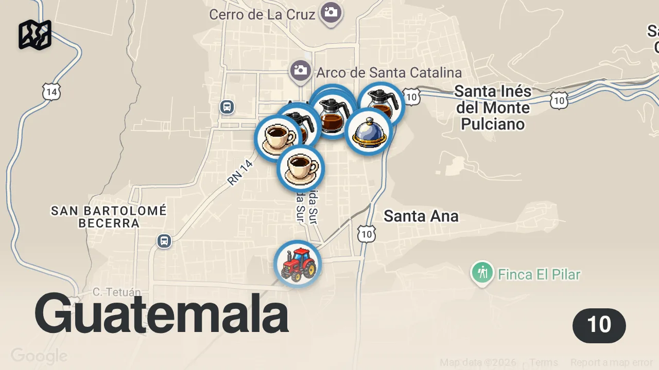 Map of 10 spots from 10 Best Cafes in Antigua, Guatemala 🇬🇹