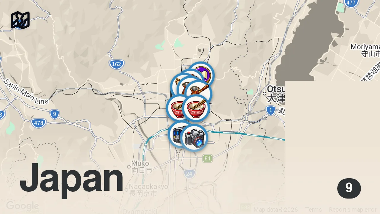 Map of 9 spots from 5 Excellent Halal Restaurants in Kyoto