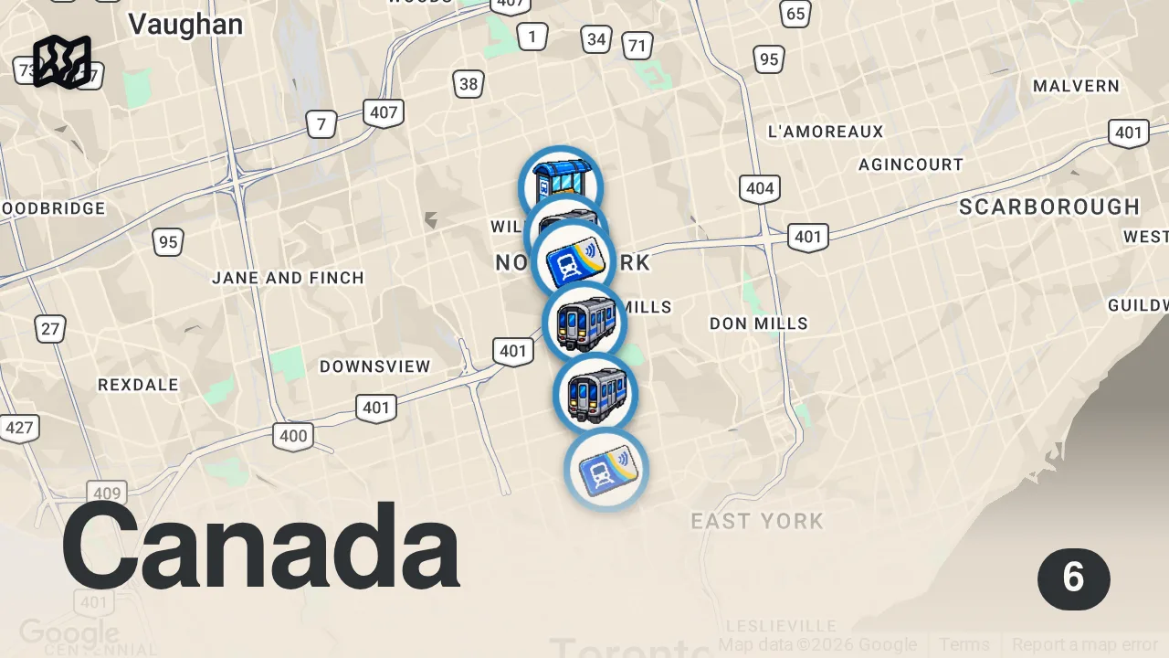 Map of 6 spots from Exploring Toronto's Underground Labyrinth Moving Millions- Subway Series feat. DJI Osmo Pocket 4