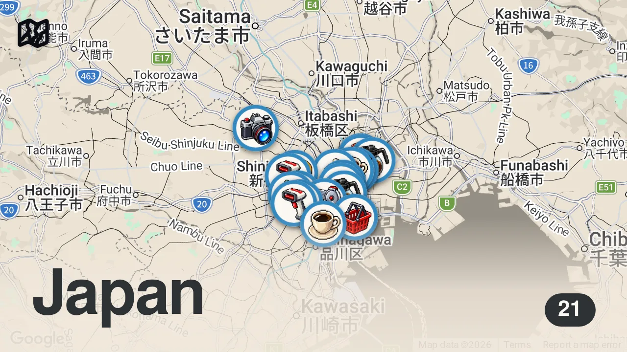 Map of 21 spots from Rating Every Food I Tried in Tokyo (Tier List)