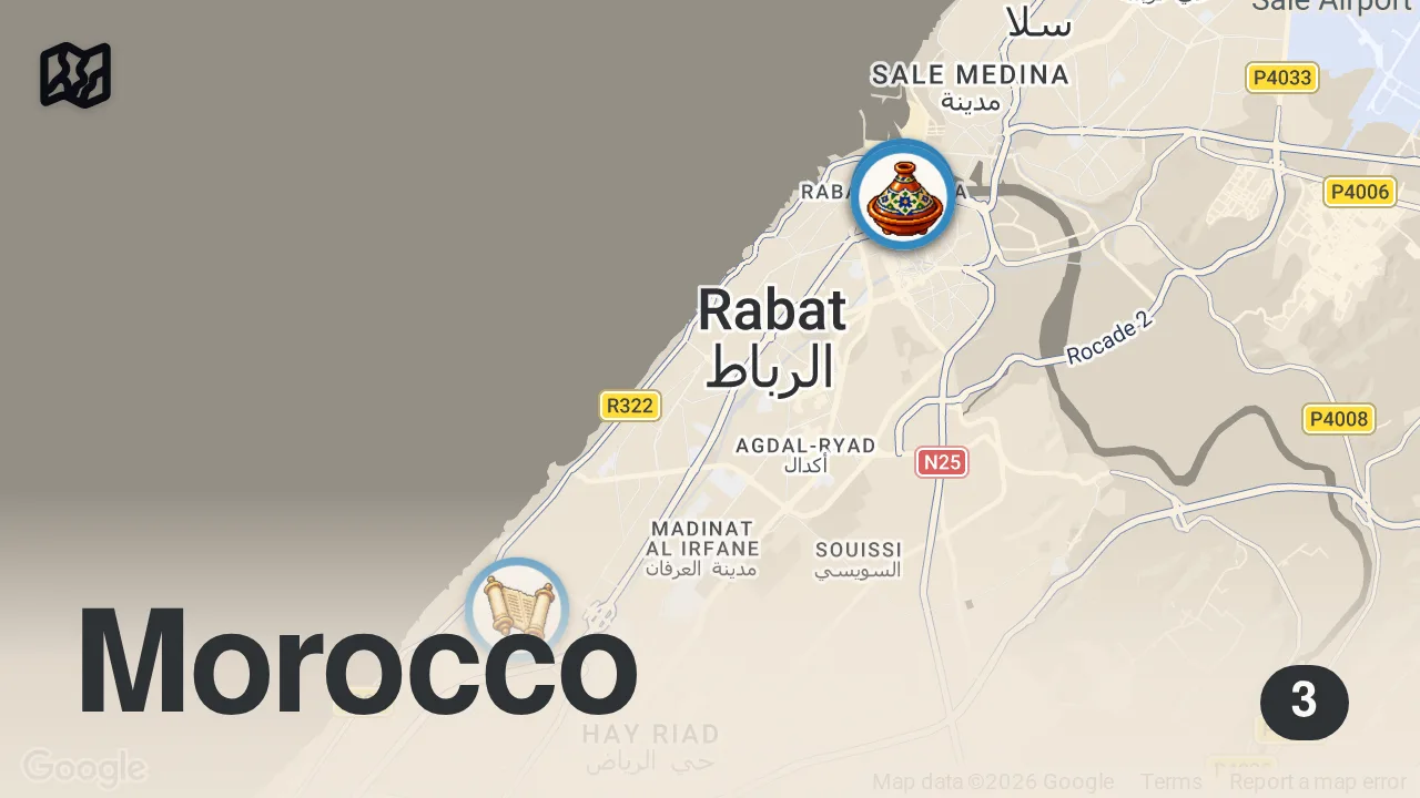 Map of 3 spots from Morocco Street Food!! 🇲🇦 Unforgettable Food Tour in Rabat, Morocco!