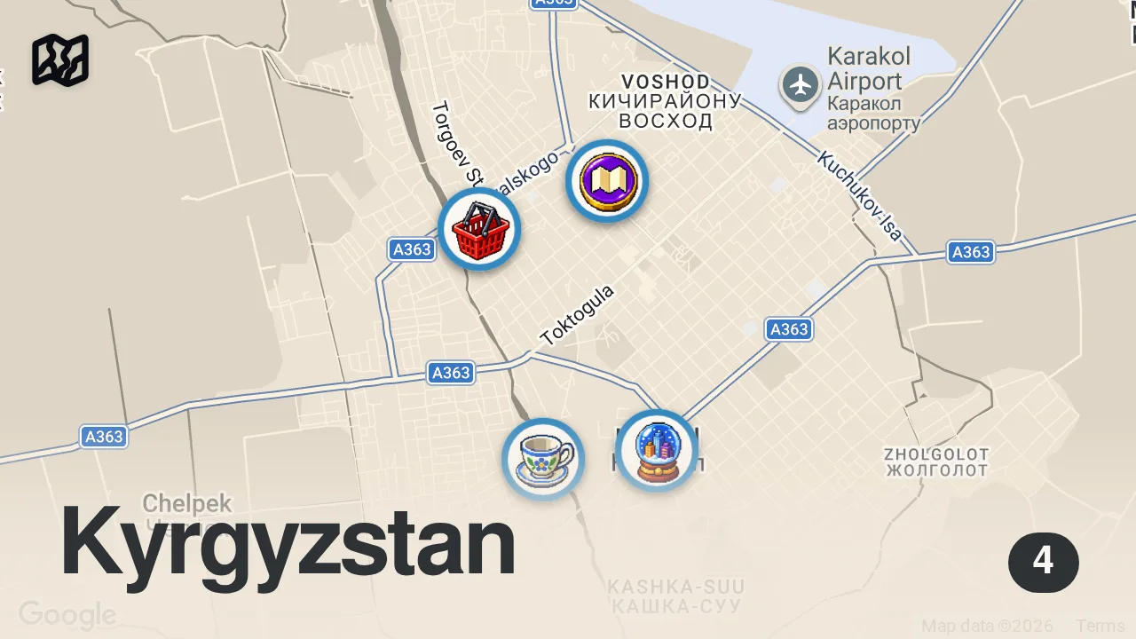 Map of 4 spots from Muslim Street Food | UYGHUR CHINESE Homemade Food + HALAL Street Food in Kyrgyzstan!