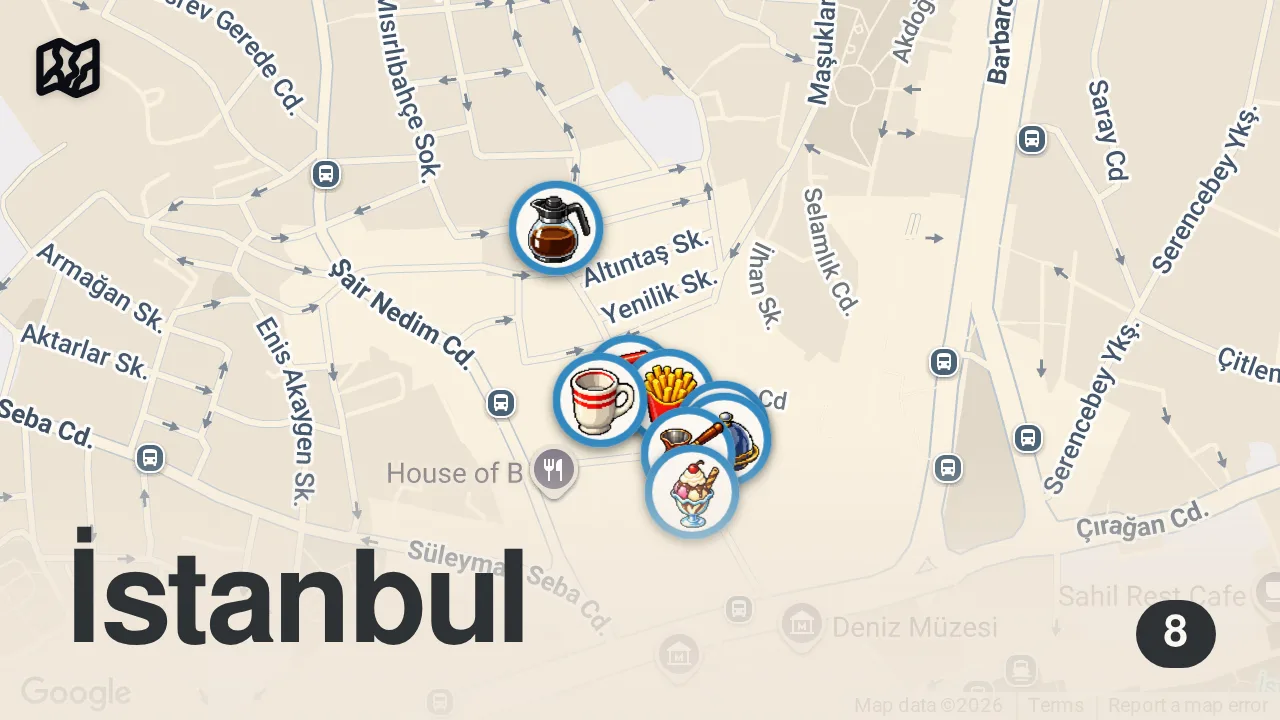 Map of 8 spots from BEŞİKTAŞ LEZZET REHBERİ (Yediğimiz en iyi Sütlü Nuriye!) - Ayaküstü Lezzetler