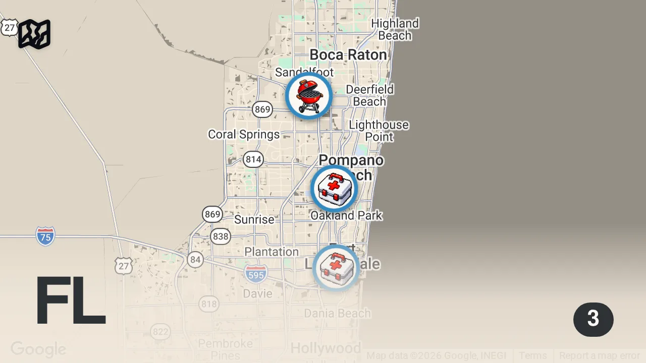 Map of 3 spots from I Tried Florida’s BEST Bowls… Who wins? (TASTE TEST)