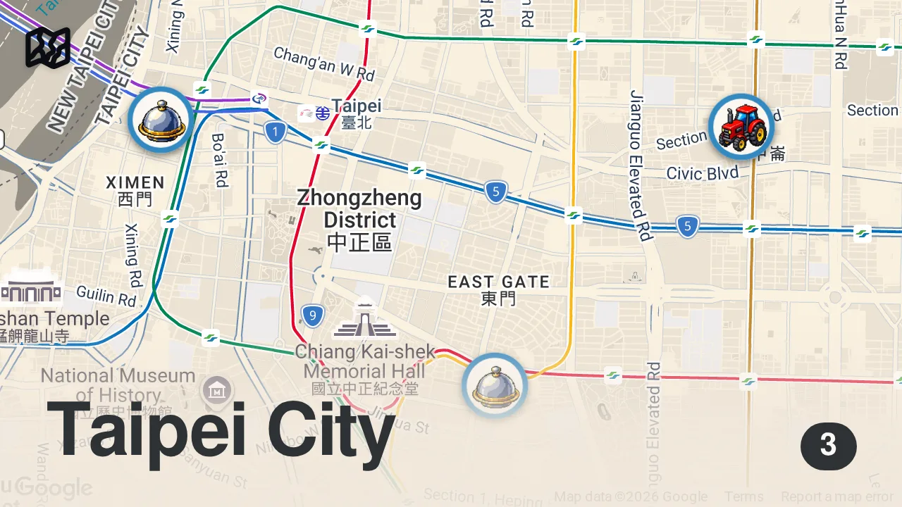 Map of 3 spots from World's MOST EXPENSIVE Noodles! $1 vs. $300 BEEF NOODLE SOUP in Taipei Taiwan