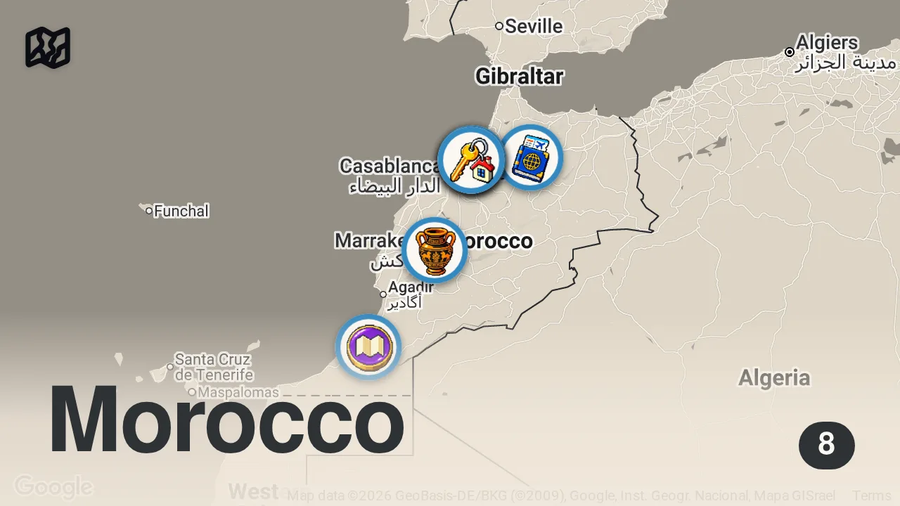 Map of 8 spots from Best Morocco Street Food!! 🇲🇦 41 Meals - Ultimate Moroccan Food Tour [Full Documentary]