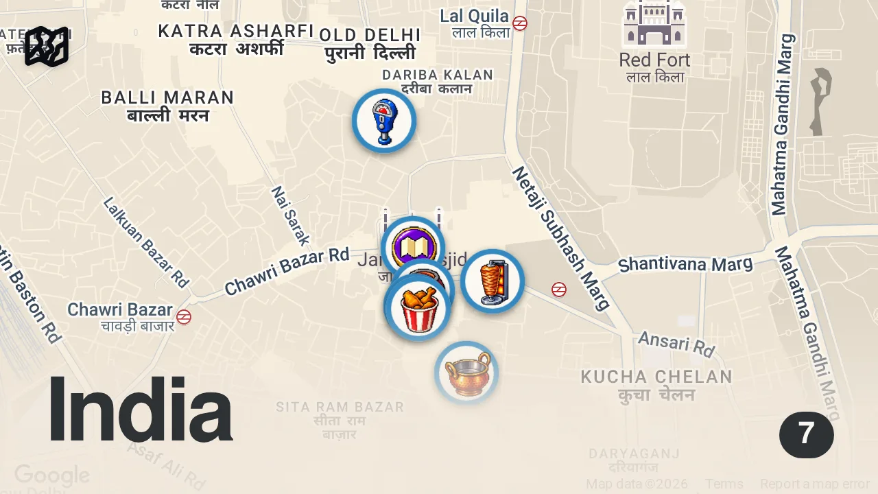 Map of 7 spots from Indian Street Food for Ramadan!! (How 30,000 People Eat in Old Delhi)
