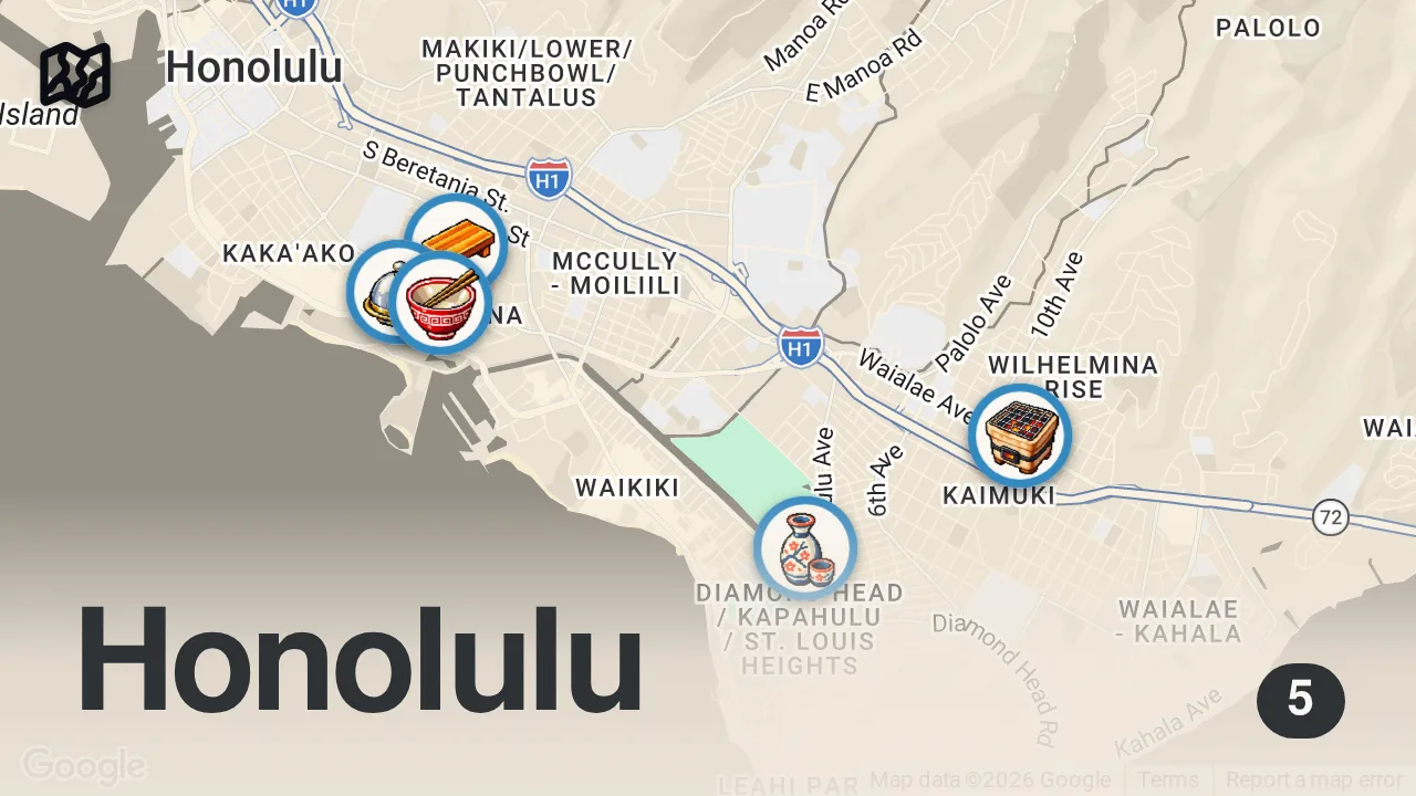 Map of 5 spots from Japanese Food In Hawaii Better Than In Japan?