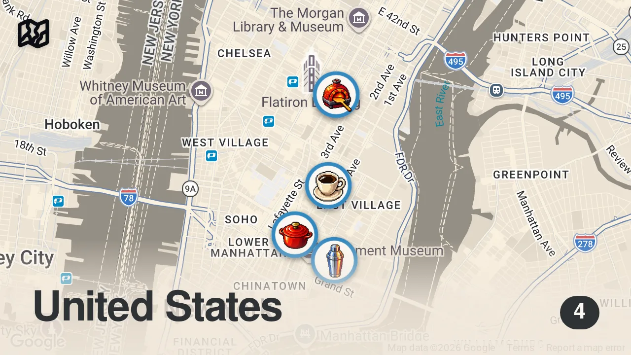 Map of 4 spots from The Restaurants That Inspire NYC's Steak Frites Master (Sam Braverman) — Chef's Day Off