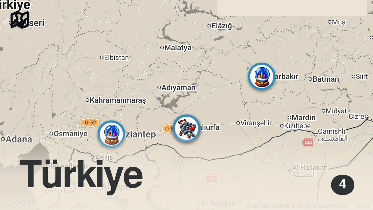 Map of 4 spots from URFA CİĞERİNİ BÖYLE BİLMİYORDUM! CİĞER KEBABINI KİM İYİ YAPIYORSA ONA YAKIŞIR ! Şanlıurfa Lezzetleri