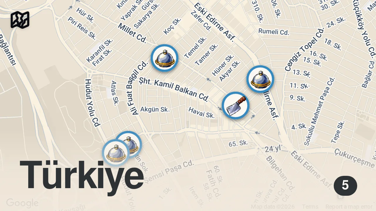Map of 5 spots from BAYRAMPAŞA LEZZET REHBERİ (Boşnak mantısı, ravna pita, kuru et, pljeskavica) - Ayaküstü Lezzetler
