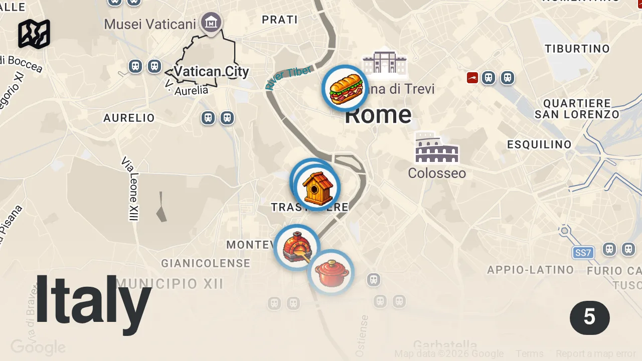 Map of 5 spots from 24 Hours Of ITALIAN FOOD In ROME - Best Roman Pizza & Local Street Food