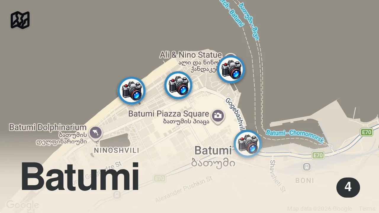 Map of 4 spots from هل باتومي تستحق الزيارة؟ البحر والطبيعة قد يجعلان الإجابة أسهل مما تتوقع #باتومي #جورجيا #سياحة