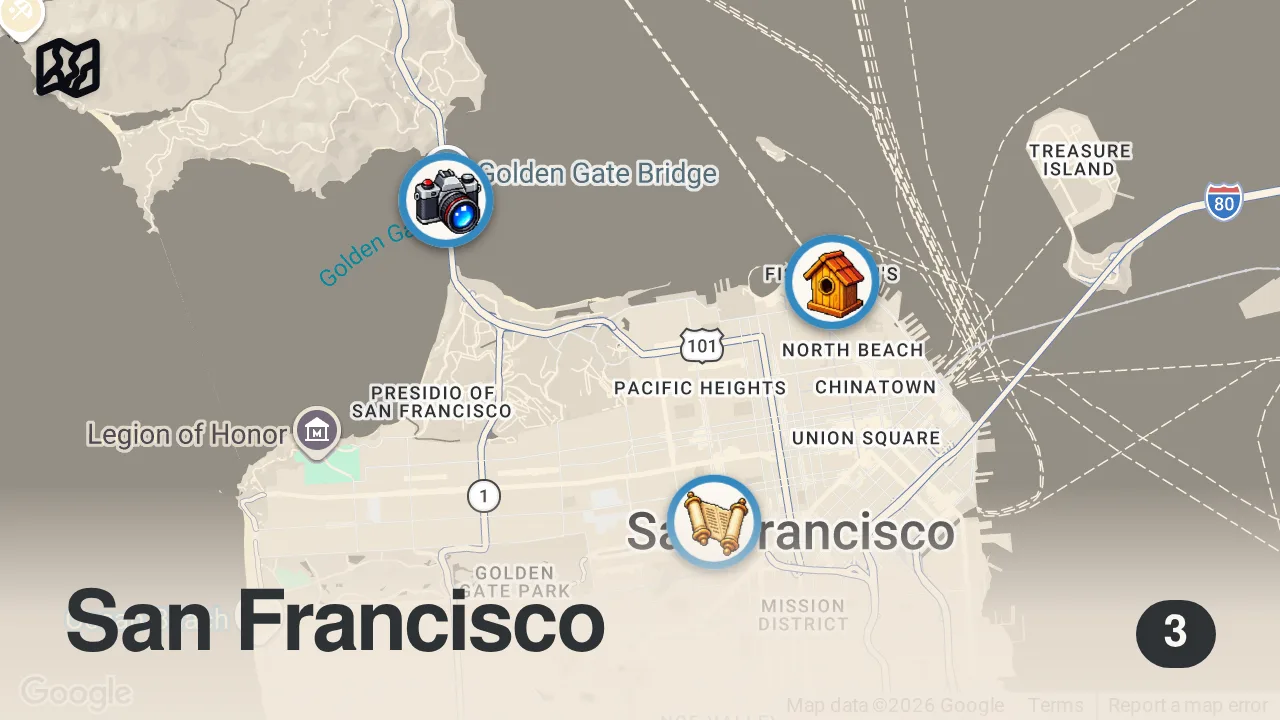 Map of 3 spots from Exploring San Francisco ALONE for 2 Days (Must-See Attractions) 🌉