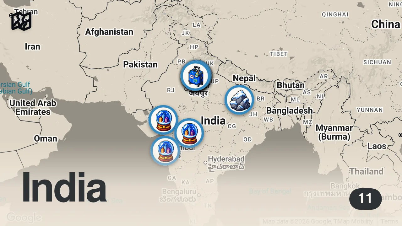 Map of 11 spots from HİNT AİLENİN EVİNDE 3 GÜN SADECE VEJETARYEN BESLENDİK! BLACK TAJ MAHAL! HİNT EV YEMEKLERİ