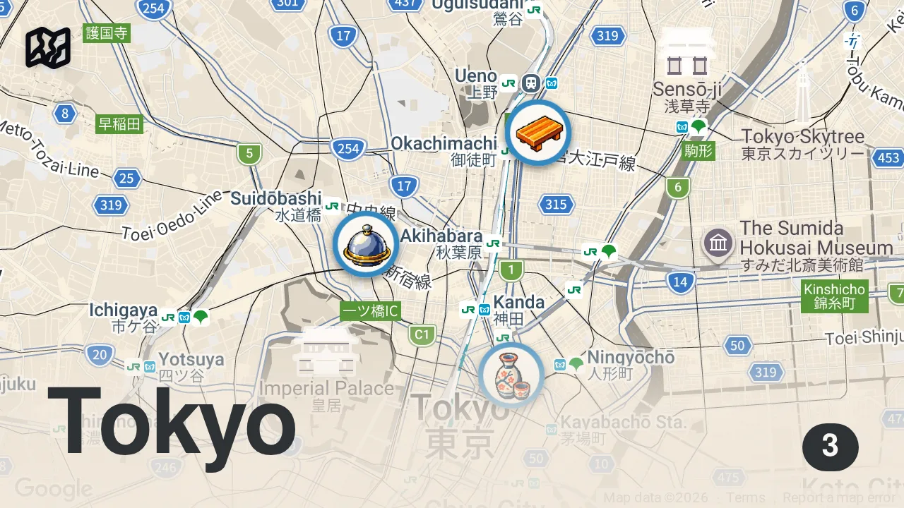 Map of 3 spots from Eating on a BUDGET for 24 hrs in Tokyo! 🇯🇵