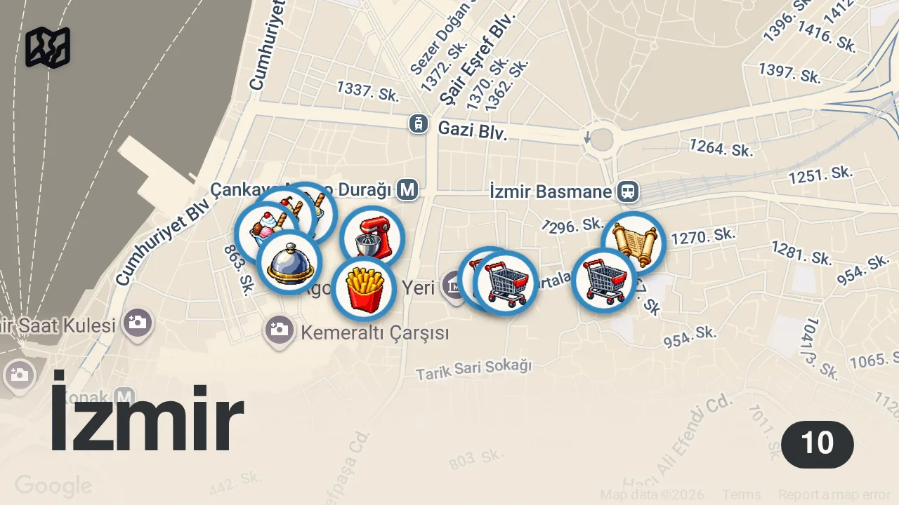 Map of 10 spots from İZMİR'İN EFSANE LEZZETLERİ (Kumru, söğüş, şambali ve daha fazlası) - Ayaküstü Lezzetler