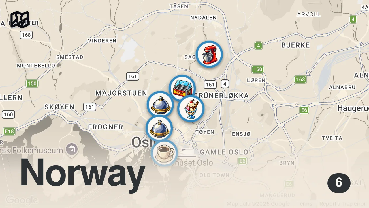 Map of 6 spots from I Tried Norway's Best Food in Oslo for 24 Hours!!