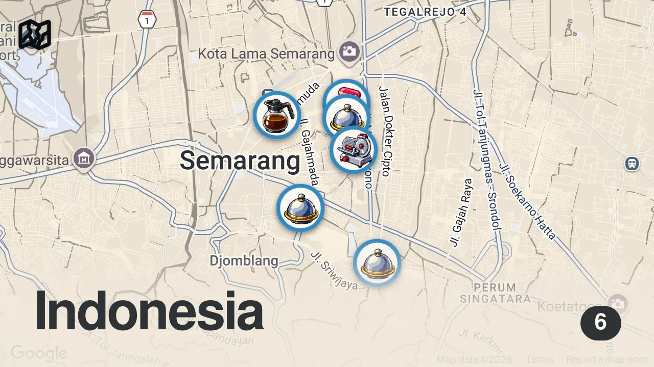 Map of 6 spots from 6 Indonesian Street Food in SEMARANG, Central Java