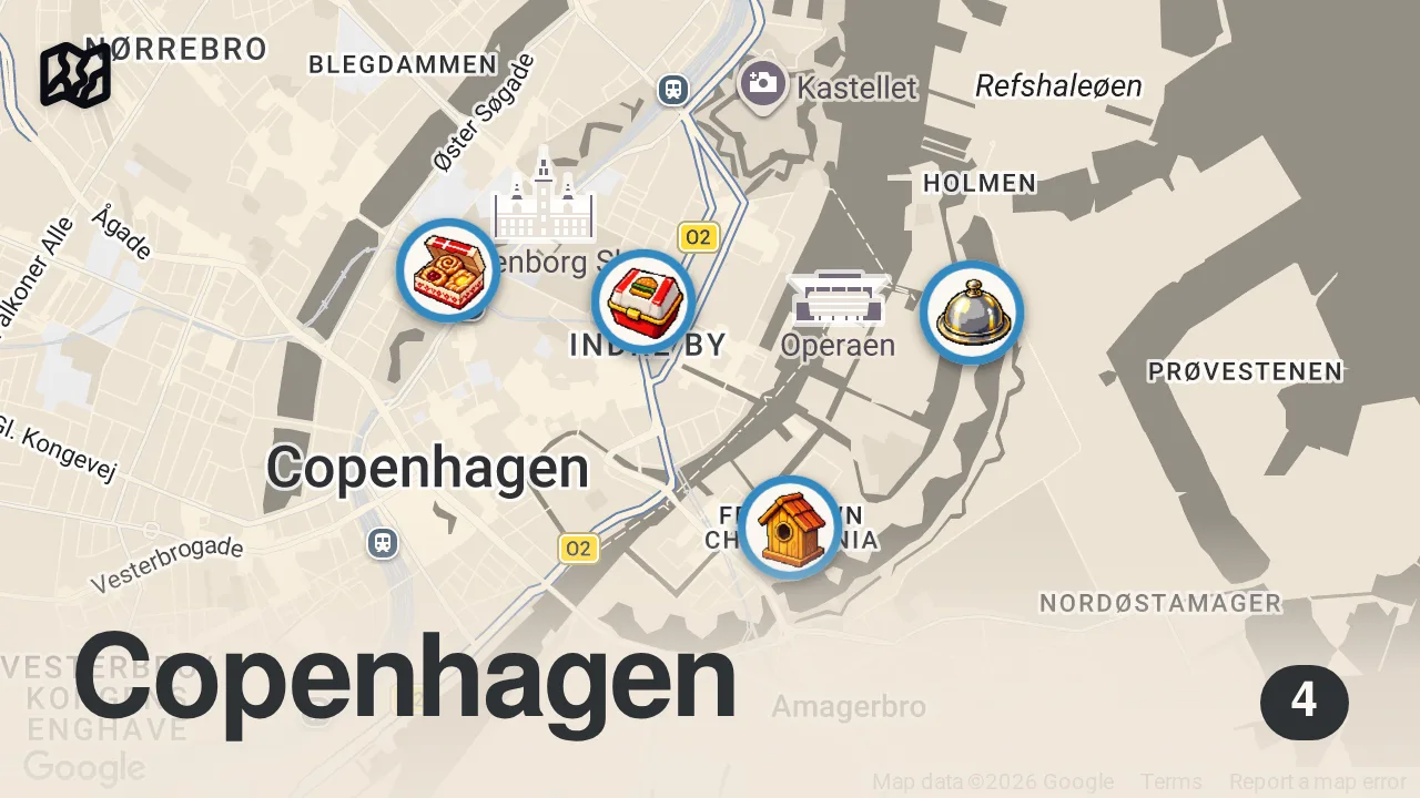Map of 4 spots from DIY Danish Food Tour (what to eat in Copenhagen)
