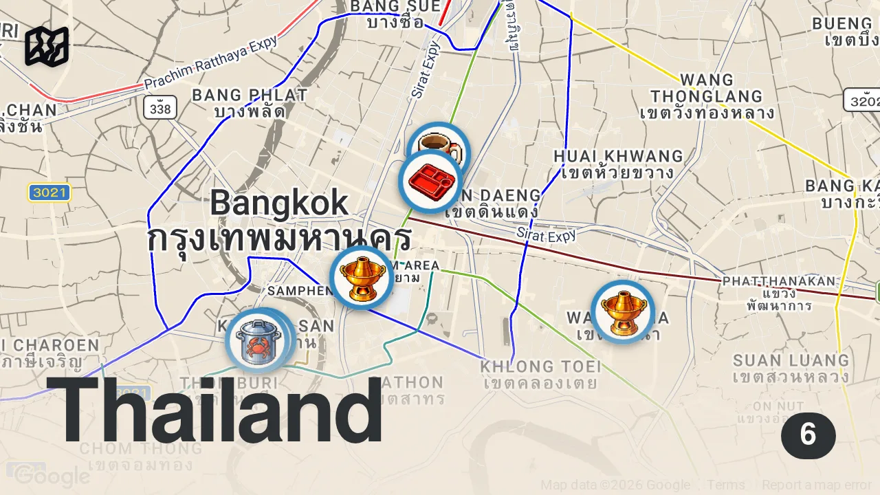 Map of 6 spots from Thai Street Food 🇹🇭 6 MUST TRY Noodles in Bangkok, Thailand