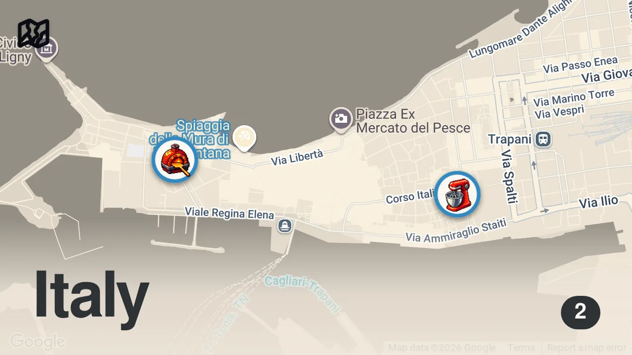 Map of 2 spots from Unique ITALIAN PIZZA & 130 Year Old BAKERY in Trapani, Sicily 🇮🇹
