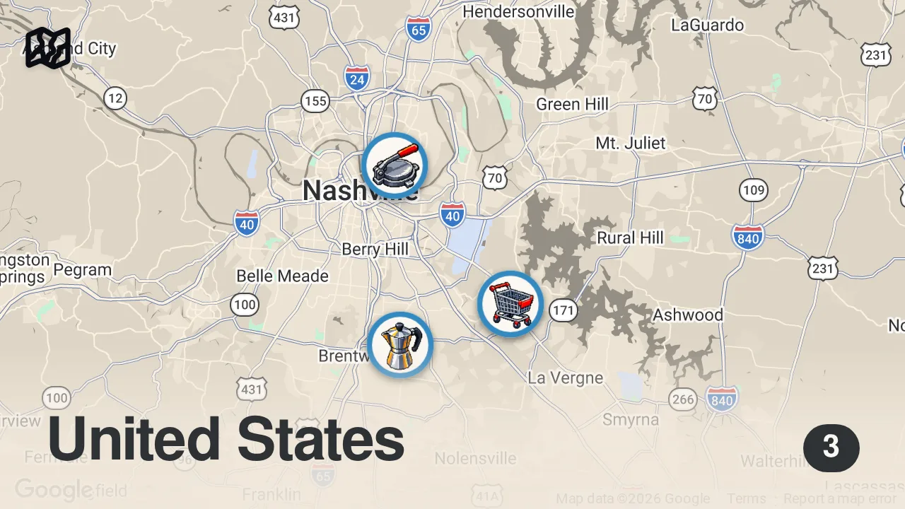 Map of 3 spots from Eating on Facebook Marketplace For 24 Hours... (Nashville)