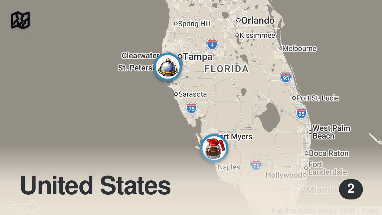 Map of 2 spots from Eating at the Most Inappropriately Named Restaurants in America