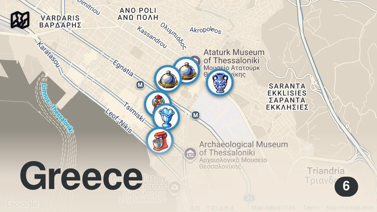 Map of 6 spots from 48H Of Greek Street Food In Thessaloniki - From Gyros to Galaktoboureko 🇬🇷