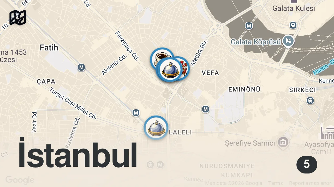 Map of 5 spots from FATİH LEZZET REHBERİ (Van çöreği, Siirt kebabı, perde pilavı, büryan) - Ayaküstü Lezzetler