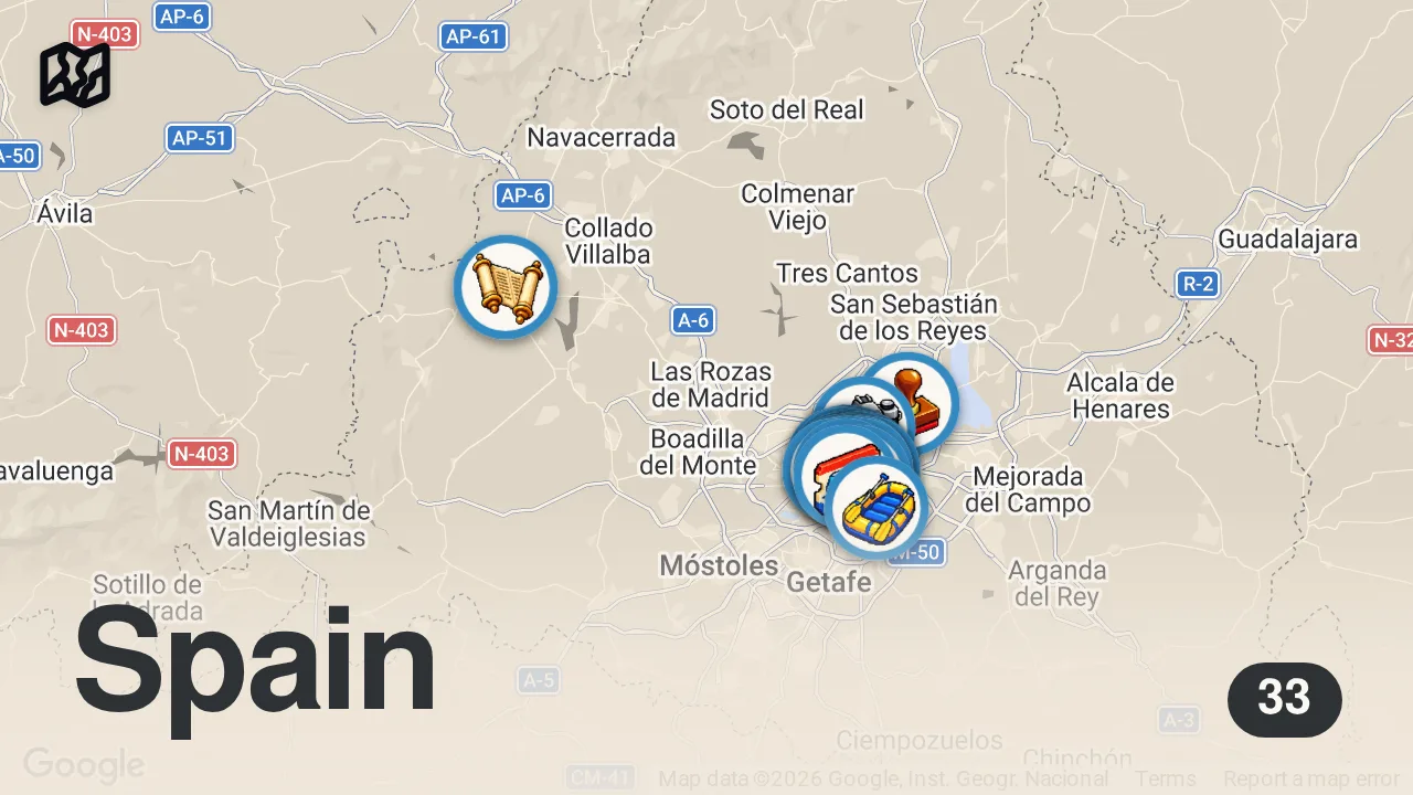 Map of 33 spots from Qué ver en Madrid en 5 días: la guía más completa 2026