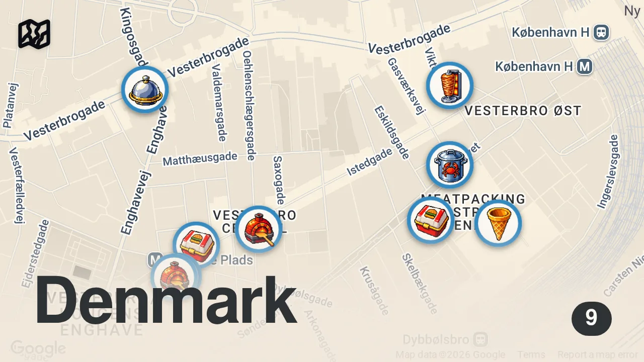 Map of 9 spots from Tester de BEDSTE steder at spise på Vesterbro
