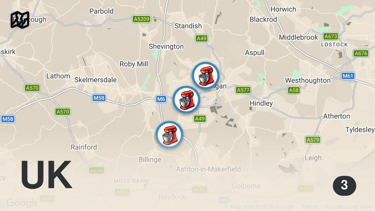 Map of 3 spots from I Only Ate PIES For A Whole Day In Wigan!