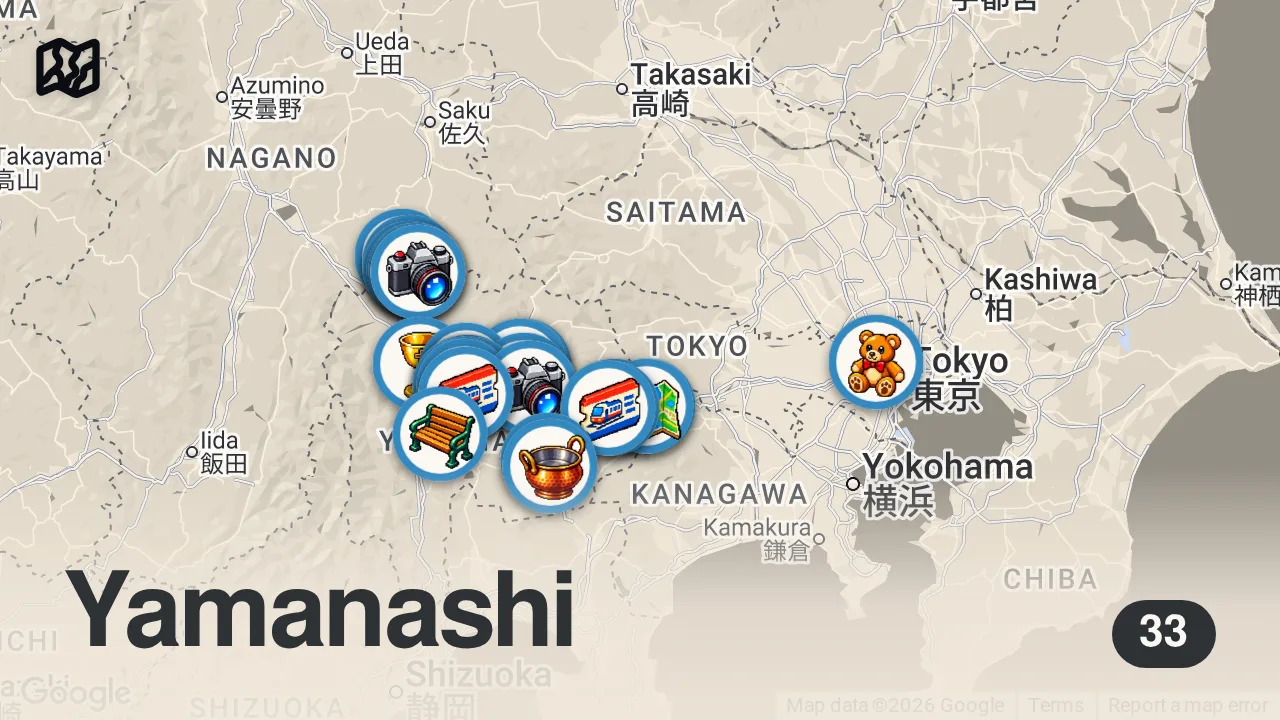 Map of 33 spots from 【山梨】インバウンド回避!珍スポットと絶景の1人旅🚃富士山以外の魅力再発見