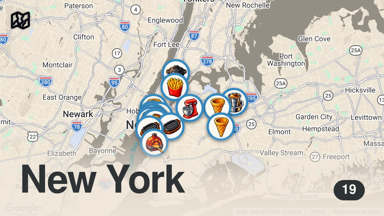 Map of 19 spots from 20 Bucket List Foods In NYC