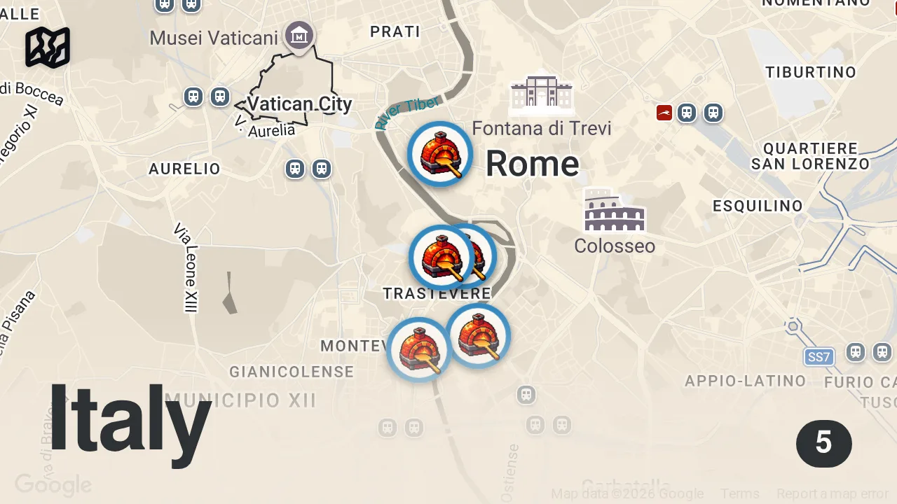 Map of 5 spots from TOP 5 PIZZA Places in ROME - Best Italian Pizza From Rome 🇮🇹