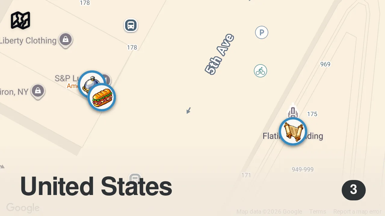 Map of 3 spots from ‘The Last Human Restaurant in New York’ | Sandwich City | NYT Cooking