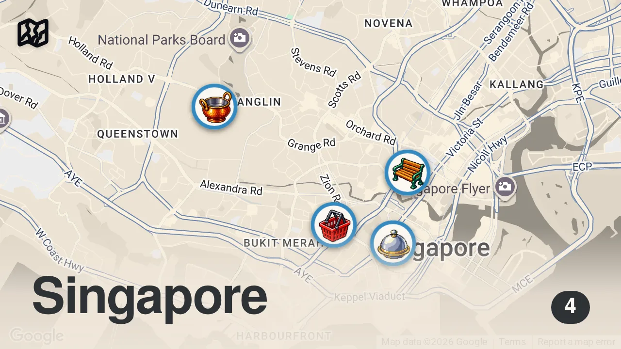 Map of 4 spots from I Tried Singapore's Best Fish Head Curry!!
