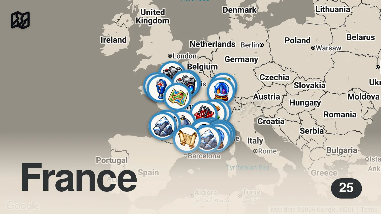 Map of 25 spots from 25 Best Places You Must Visit in France | TRAVEL VIDEO 4K